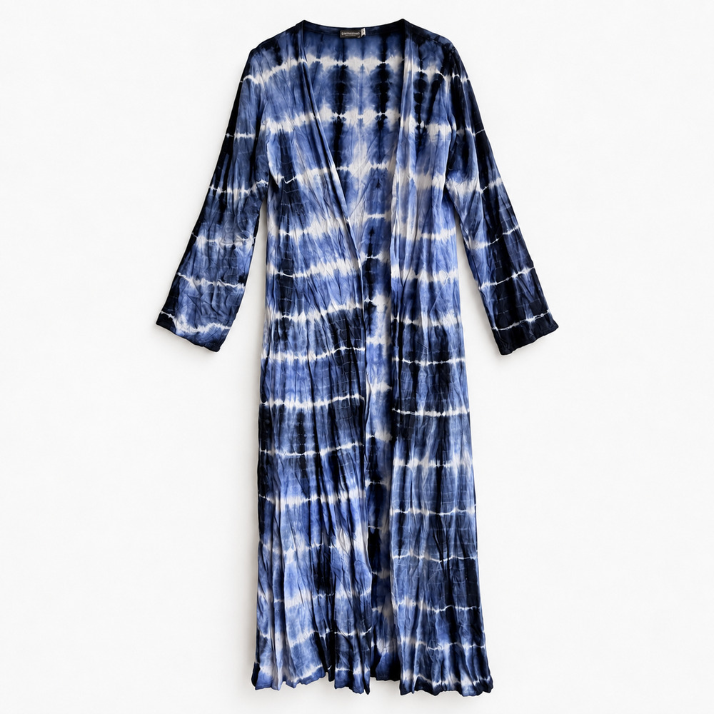 Earthbound Indigo Tie Dye Long Duster XL Kimono Shibori Boho Open Front